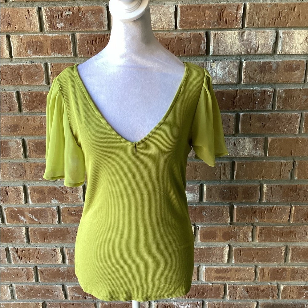 1. STATE Lime Green V-Neck Sheer Chiffon Short Sleeve Top